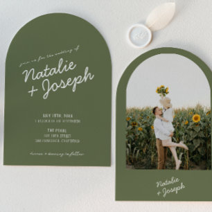 Modern Green Whimsical Summer Photo Wedding Arched Invitation