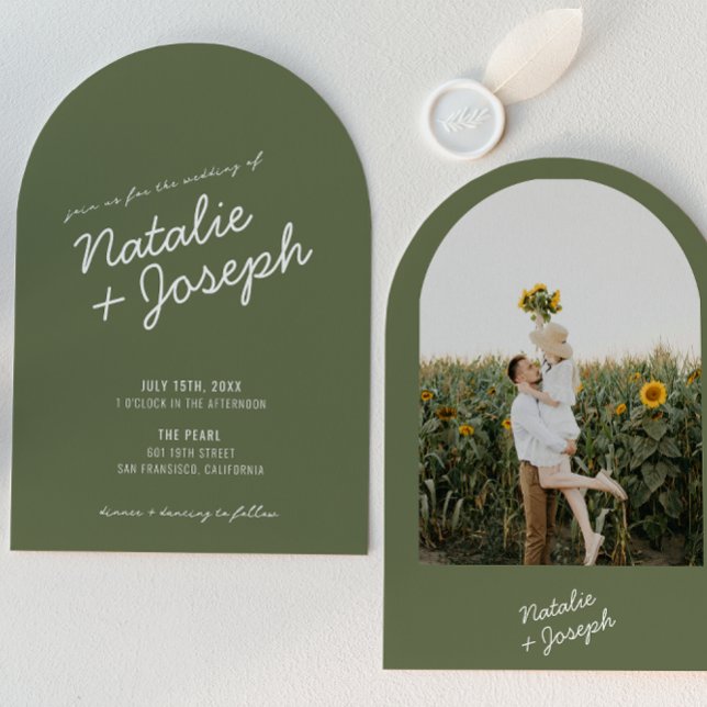 Modern Green Whimsical Summer Photo Wedding Arched Invitation (Creator Uploaded)