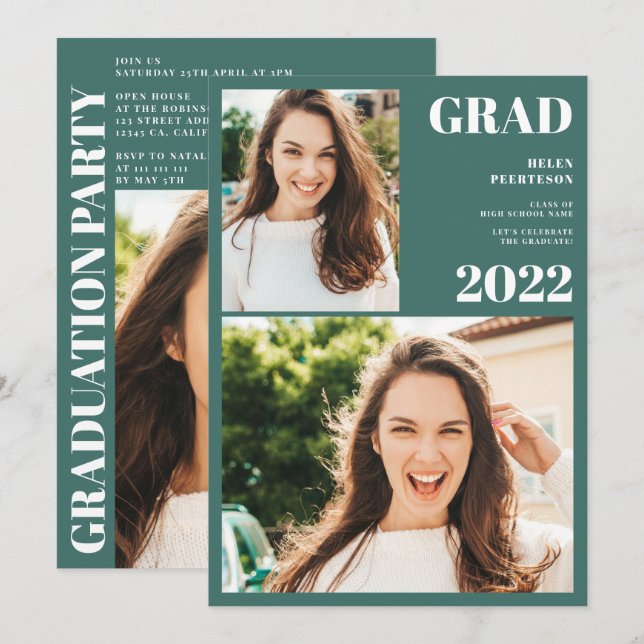 Modern green white 3 photos graduation invitation (Front/Back)