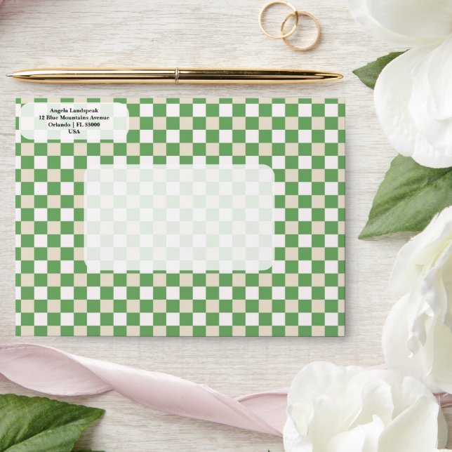 Modern Green, White, Beige Checkered   Envelope (Wedding)