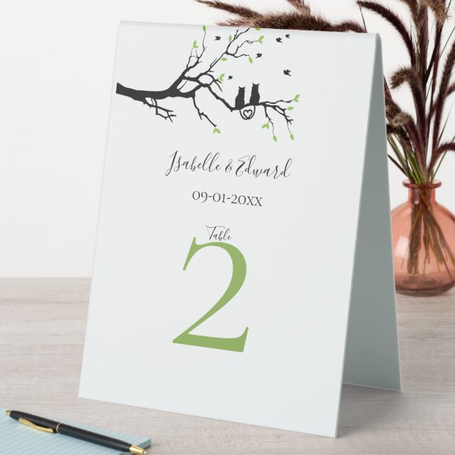 Modern Green White Black Cats In Love Wedding Tabl Table Tent (In SItu (Table))