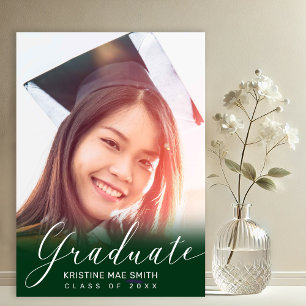 Modern Green White Calligraphy Photo Graduation Invitation