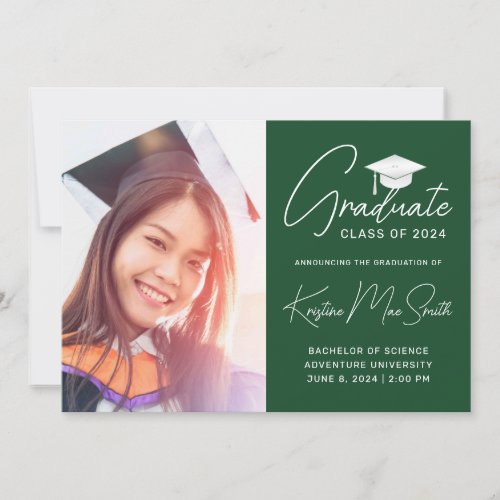 Modern Green White Cap Photo College Graduation Announcement