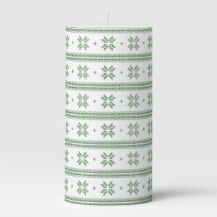 Modern Green & White Christmas Knitted Pattern Pillar Candle
