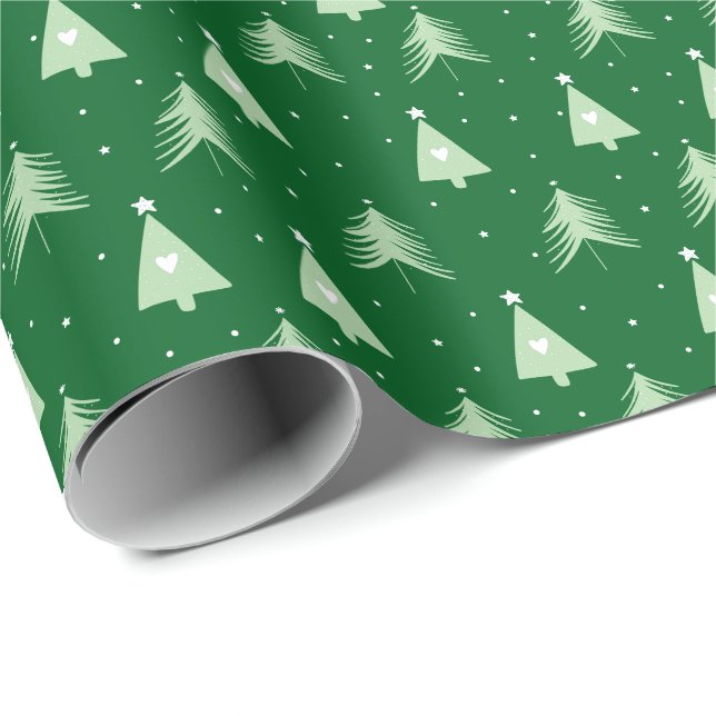 Modern Green & White Christmas Trees Holiday Wrapping Paper (Roll Corner)