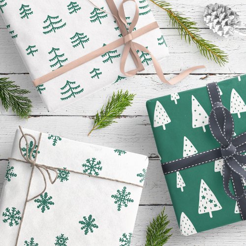 Modern Green  White Christmas Trees Snowflakes Wrapping Paper Sheets
