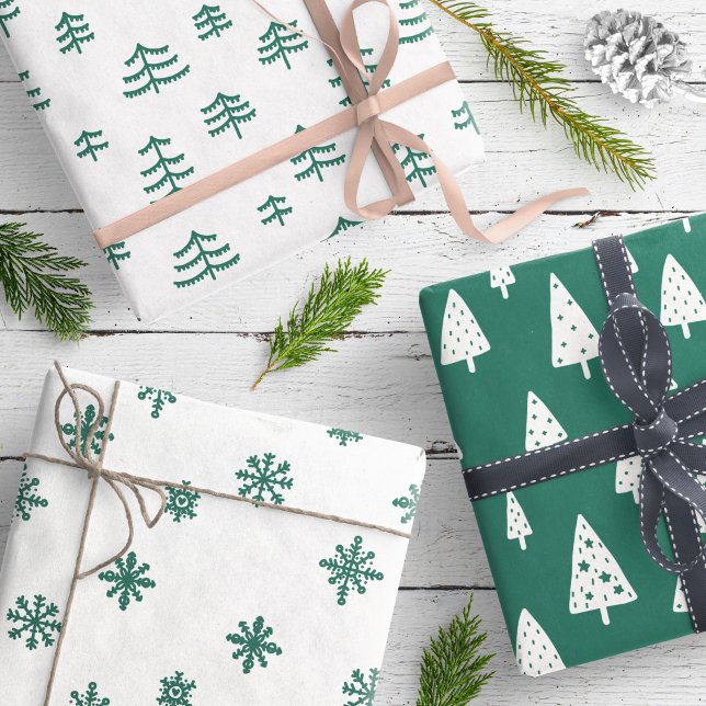 Modern Green & White Christmas Trees Snowflakes Wrapping Paper Sheets (Creator Uploaded)