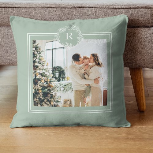 Modern Green  White  Family Photo  Initial Throw Pillow