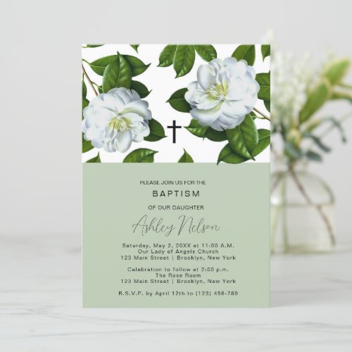 Modern Green White Floral First Communion  Invitation