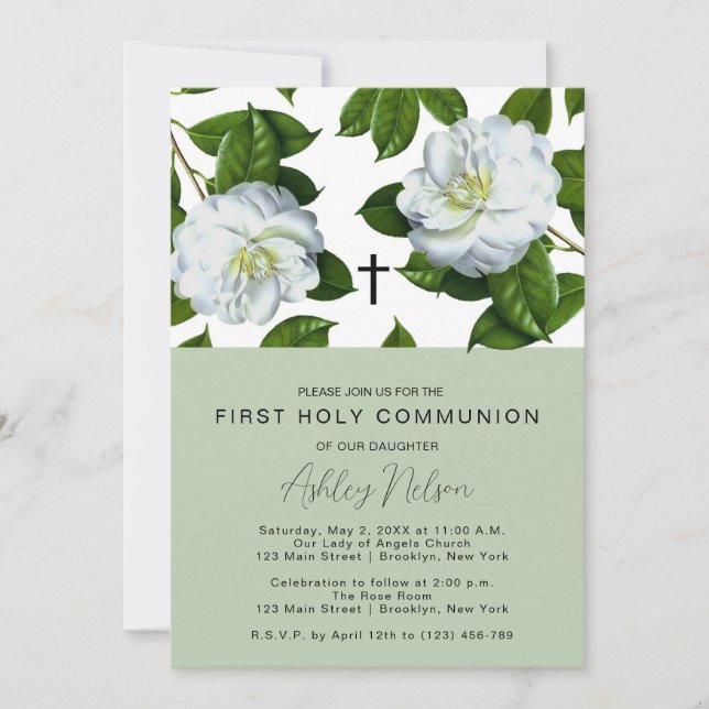 Modern Green White Floral First Communion  Invitation (Front)