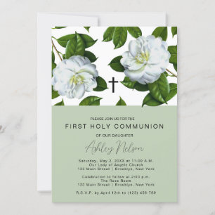 Modern Green White Floral First Communion Invitation