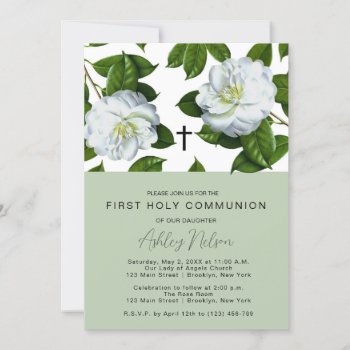 Modern Green White Floral First Communion  Invitation by PurplePaperInvites at Zazzle