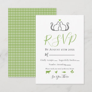 Modern Green White Gingham Cats In Love Wedding RSVP Card