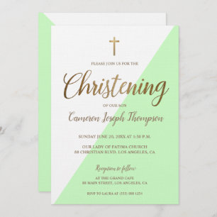 Modern Green White Gold Christening baby Boy Invitation