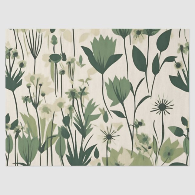 Modern Green White Grass Wildflower Tissue Paper (Front)