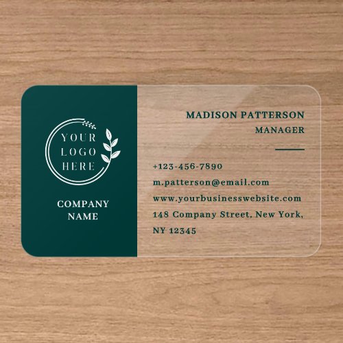 Modern Green White Logo Branding Clear Business Cards