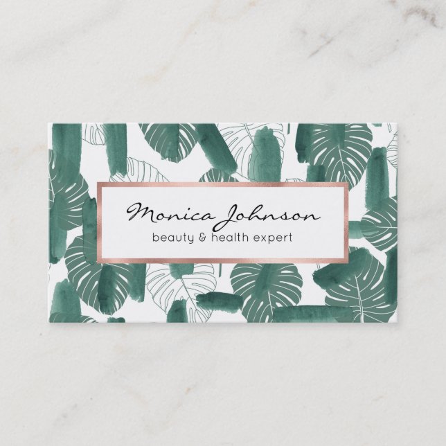 Modern Green White Monstera Leaves Brushstrokes Business Card (Front)
