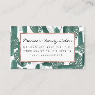 Modern Green White Monstera Leaves Brushstrokes Discount Card