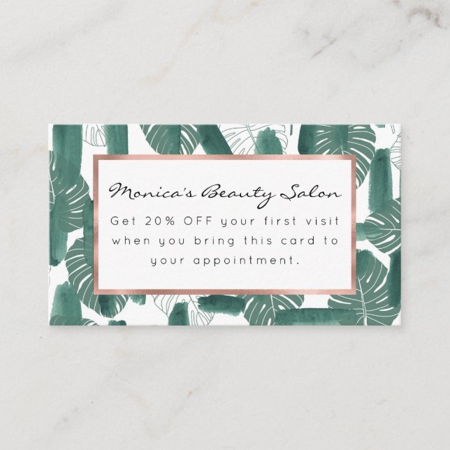 Modern Green White Monstera Leaves Brushstrokes Discount Card (Front)