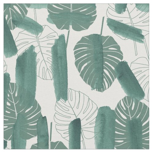 Modern Green White Monstera Leaves Brushstrokes Fabric