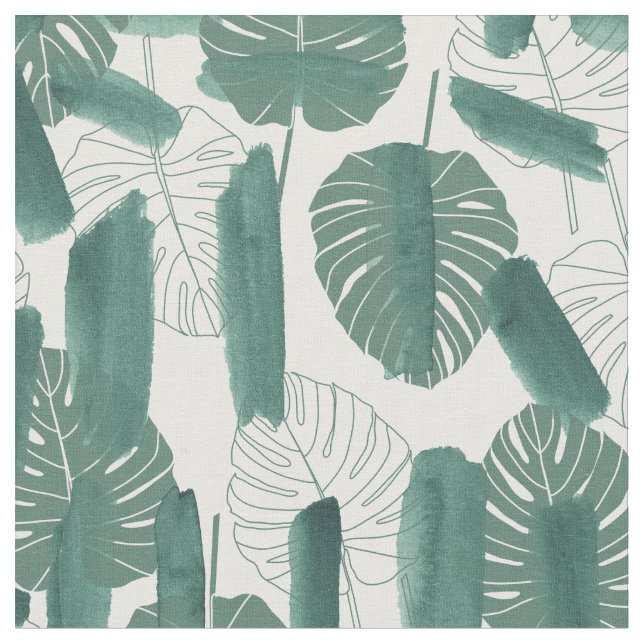 Modern Green White Monstera Leaves Brushstrokes Fabric (Close Up)