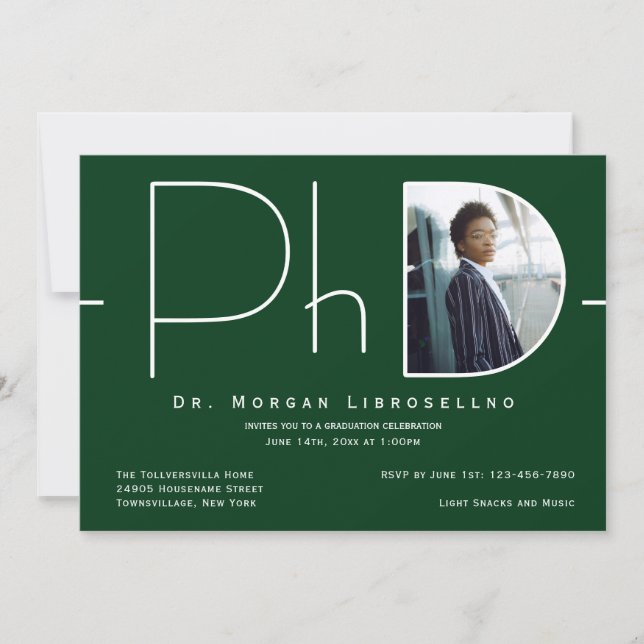 Modern Green White Photo PhD Graduation Invitation (Front)