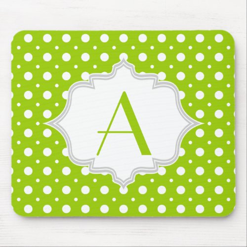 Modern green white polka dot pattern  monogram mouse pad