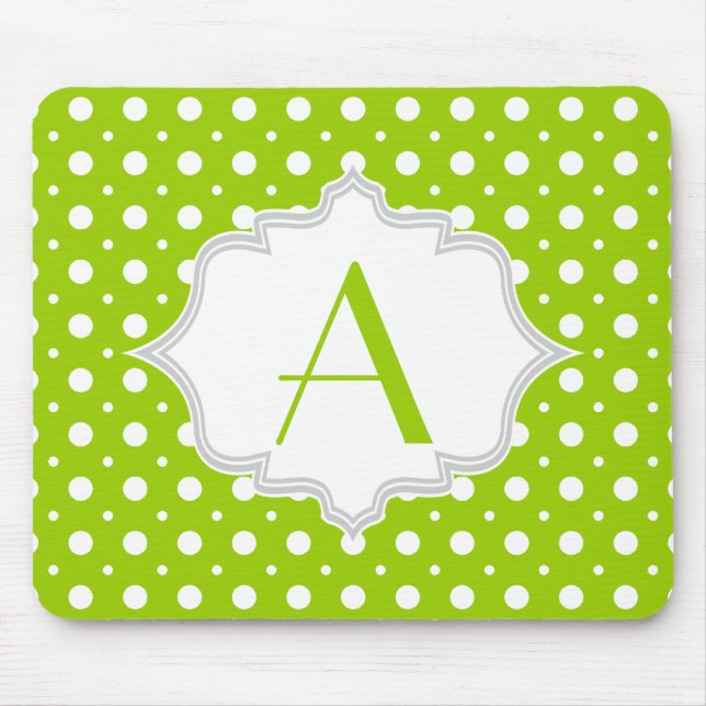 Modern green, white polka dot pattern & monogram mouse pad (Front)