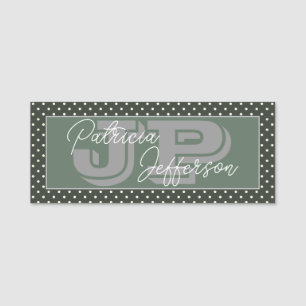 Modern Green White Polka Dots Monogram Name Tag
