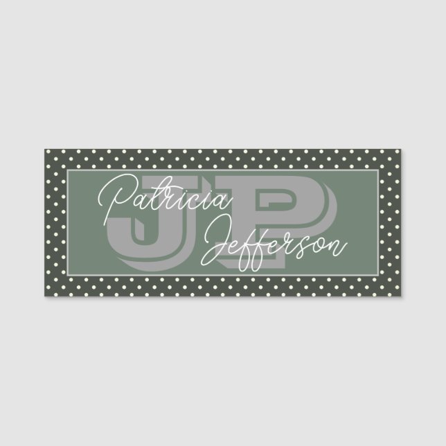 Modern Green White Polka Dots Monogram Name Tag (Front)