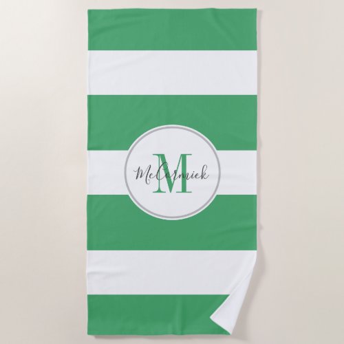 Modern Green White Striped Script Personalized Beach Towel