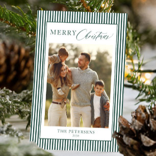 Modern green white stripes family photo Christmas Holiday Card
