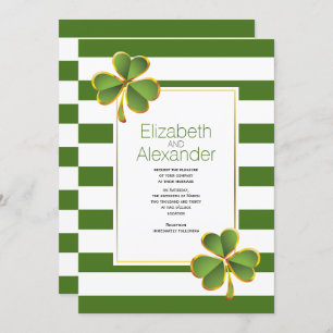 Modern green, white stripes Irish clover wedding Invitation