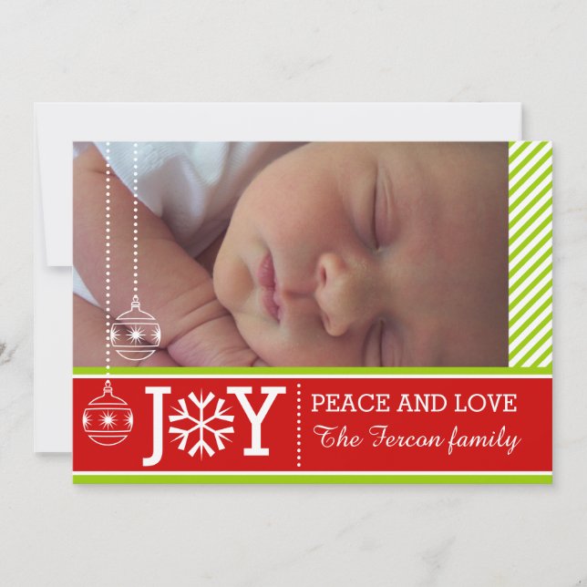 Modern green, white stripes JOY Christmas Groupon Holiday Card (Front)