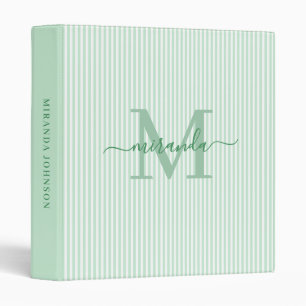 Modern Green & White Stripes Monogram Name 3 Ring Binder