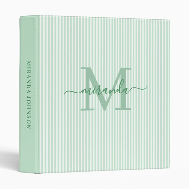 Modern Green & White Stripes Monogram Name 3 Ring Binder (Front/Spine)