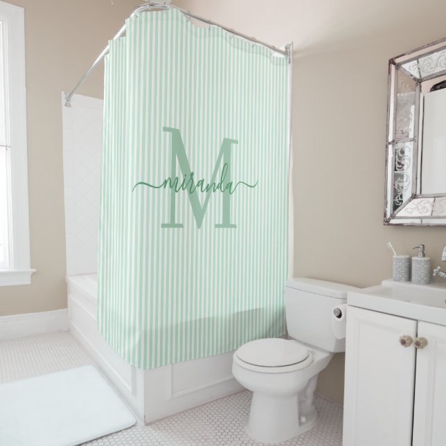 Modern Green & White Stripes Monogram Name Shower Curtain (In Situ)
