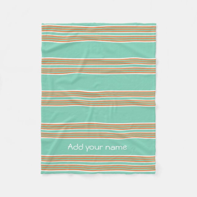 Modern Green White Stripes Personalized Fleece Blanket (Front)