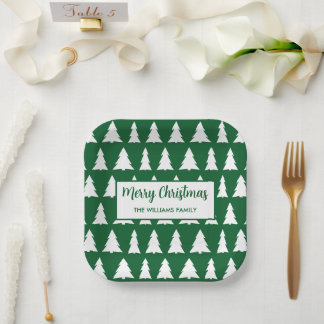 Modern Green White Tree Pattern Christmas Party Paper Plates