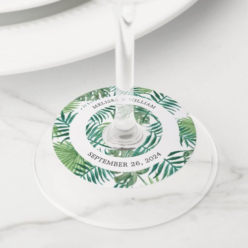 Modern green white watercolor tropical wedding wine glass tag