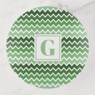 Modern Green White Zigzag Lines Monogram Trinket Tray