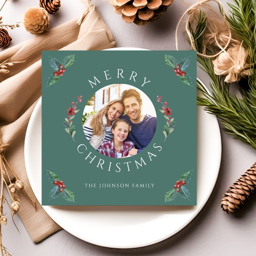 Modern Green Winter Botanicals Christmas Photo  Holiday Card