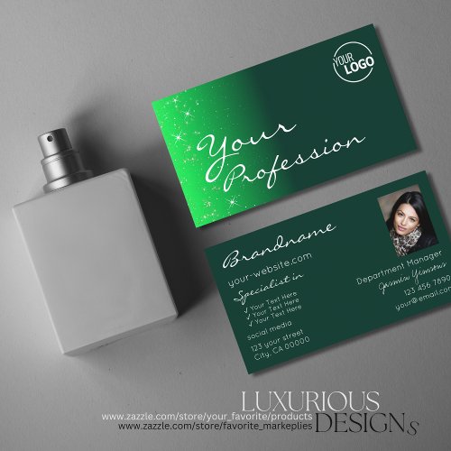 Modern Green with Glitter Stars Logo and Photo Business Card