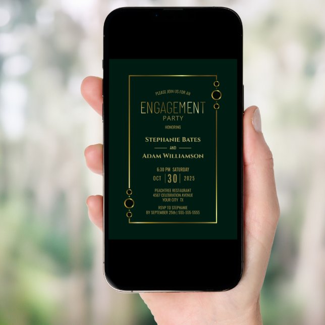Modern Green with Gold Frame Engagement Party Invitation (Front Digital)