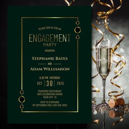Modern Green with Gold Frame Engagement Party Invitation
