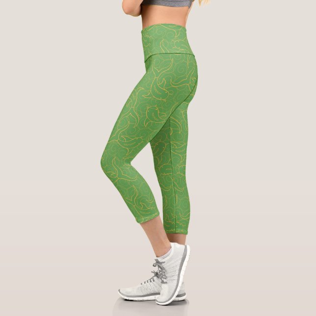 Modern Green with Golden Koi Fish Capri Leggings (Left)