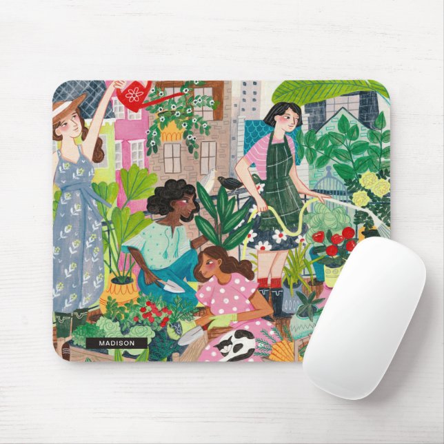 Modern green woman gardening illustration mouse pad (With Mouse)