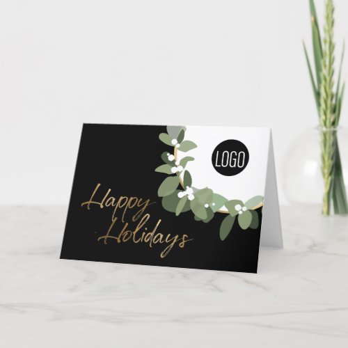 Modern Green Wreath Black Corporate Happy Holidays Holiday Card