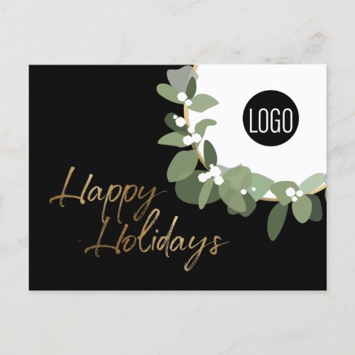 Modern Green Wreath Black Corporate Happy Holidays Holiday Postcard