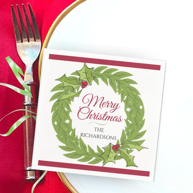 Modern Green Wreath Merry Christmas Personalized Napkins (Merry Christmas cocktail napkins holiday wreath personalized name custom drink green red napkin)